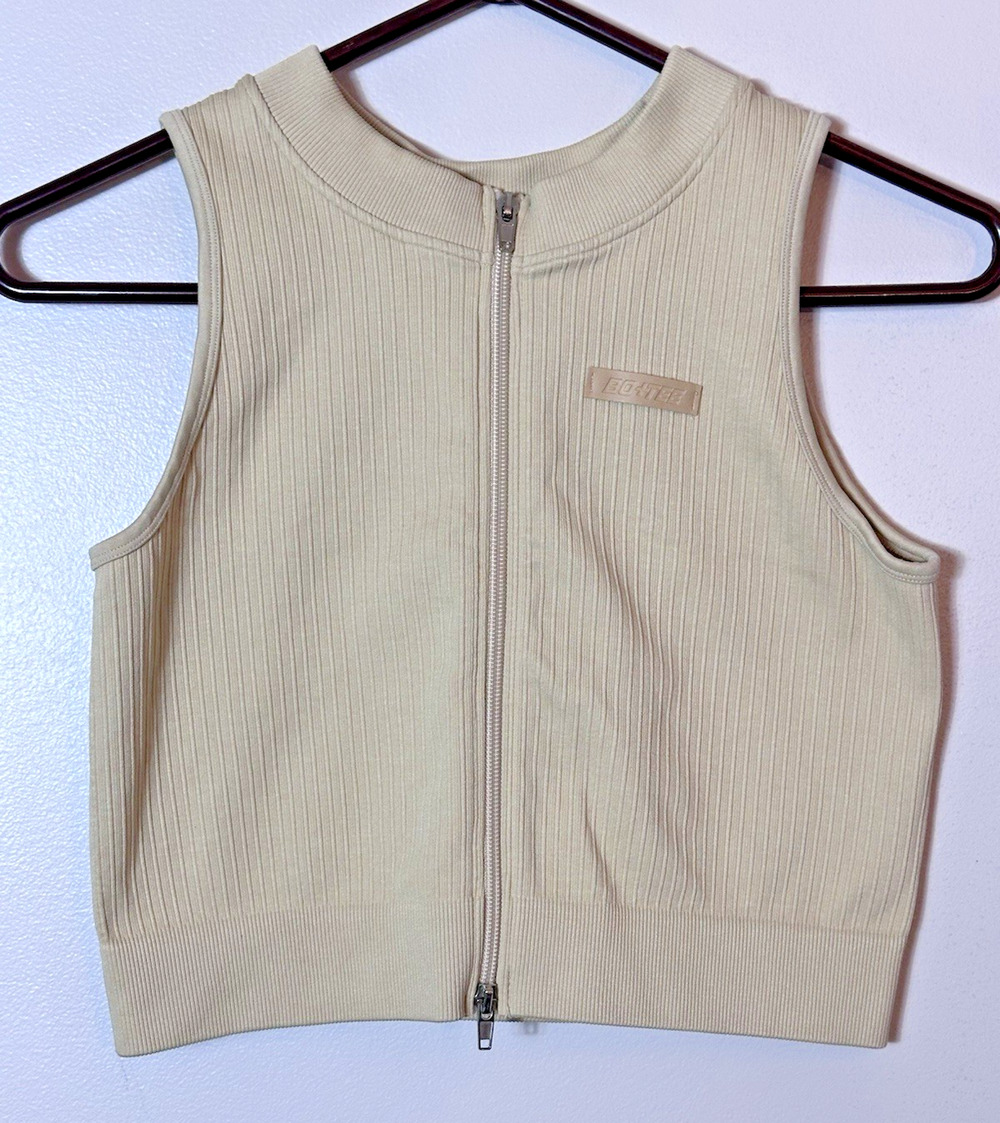 Bo + Tee Top Womens Size XL Tan Nude Ribbed Crop Stretch Fitness Gym Sporty Logo